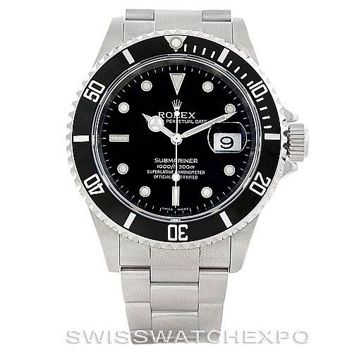 This image shows a front view of the Rolex Submariner 16610 Men's Stainless Steel Black Dial 16610 Men's Stainless Steel Black Dial watch, displaying its dial, bezel, crown, and bracelet.