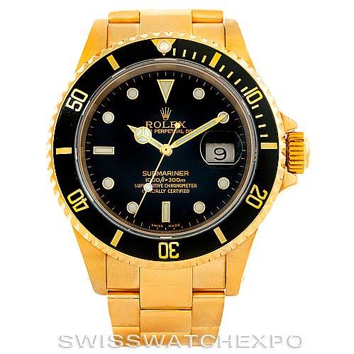 This image shows a front view of a Rolex Submariner 16618 Men
s Yellow Gold Black Dial 16618 Men
s Yellow Gold Black Dial watch displaying the bezel, dial, hands, date magnifier, and bracelet.