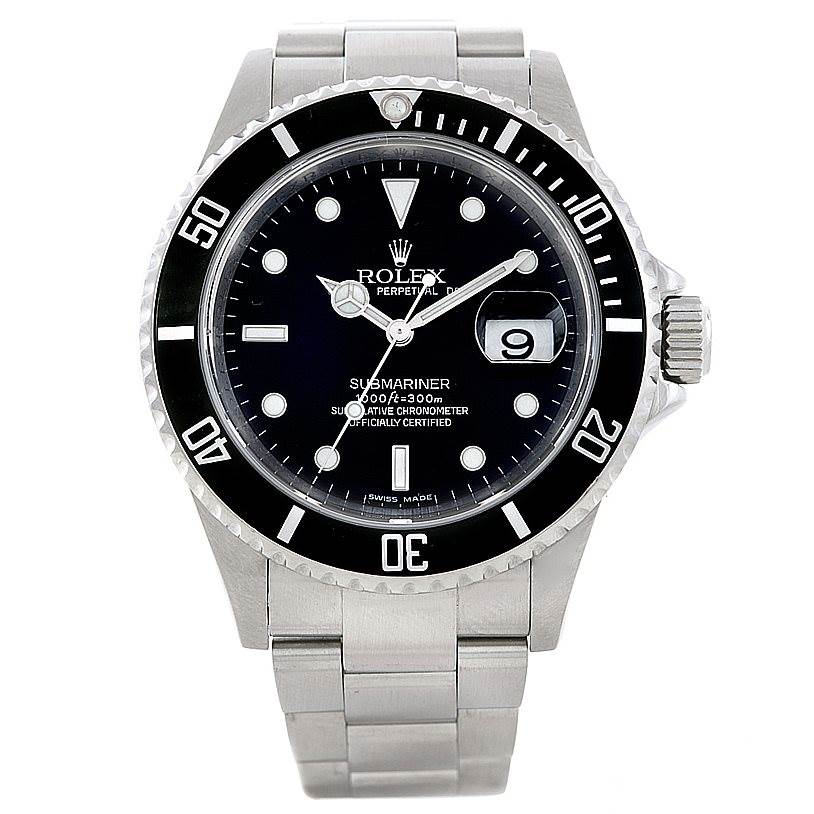 The image shows a front view of the Rolex Submariner 16610 Men's Stainless Steel Black Dial 16610 Men's Stainless Steel Black Dial watch displaying its dial, bezel, and bracelet.
