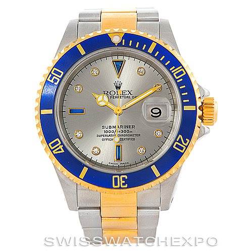This image shows a front view of a Rolex Submariner 16613 Men's Steel and Gold (two tone) Grey Dial 16613 Men's Steel and Gold (two tone) Grey Dial watch, displaying its dial, bezel, and part of its metal bracelet.