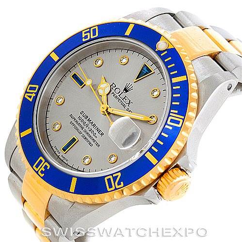 This image shows a front angled view of a Rolex Submariner 16613 Men's Steel and Gold (two tone) Grey Dial 16613 Men's Steel and Gold (two tone) Grey Dial watch, highlighting the bezel, dial, bracelet, and crown.