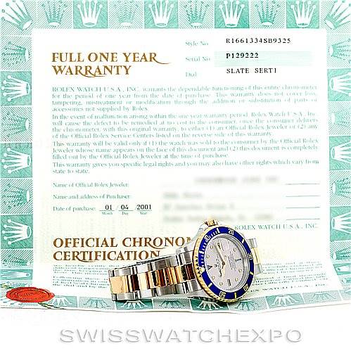 The image shows a side view of a Rolex Submariner 16613 Men's Steel and Gold (two tone) Grey Dial 16613 Men's Steel and Gold (two tone) Grey Dial watch, featuring the dial, bezel, and part of the bracelet, along with its warranty certificate.