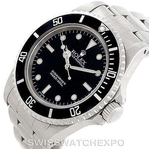 This image shows the Rolex Submariner 14060 Men
s Stainless Steel Black Dial 14060 Men
s Stainless Steel Black Dial watch at an angled view, displaying the dial, bezel, crown, and part of the bracelet.