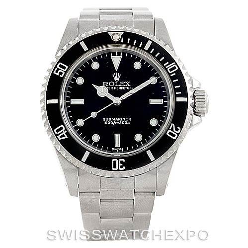 This is a front view of a Rolex Submariner 14060 Men
s Stainless Steel Black Dial 14060 Men
s Stainless Steel Black Dial watch showing the face, bezel, crown, and bracelet.