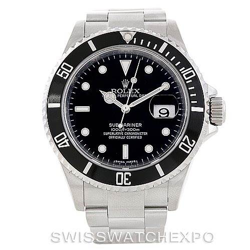 This image shows a front view of a Rolex Submariner 16610 Men
s Stainless Steel Black Dial 16610 Men
s Stainless Steel Black Dial watch, displaying the dial, bezel, and crown.