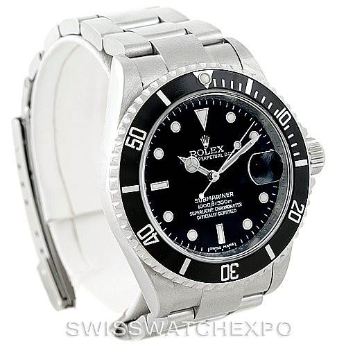 The image shows a Rolex Submariner 16610 Men
s Stainless Steel Black Dial 16610 Men
s Stainless Steel Black Dial watch from a front angle, displaying the dial, bezel, crown, and part of the bracelet.
