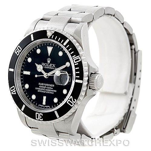 The image shows the front and side of the Rolex Submariner 16610 Men
s Stainless Steel Black Dial 16610 Men
s Stainless Steel Black Dial watch, including the bezel, face, crown, and bracelet.
