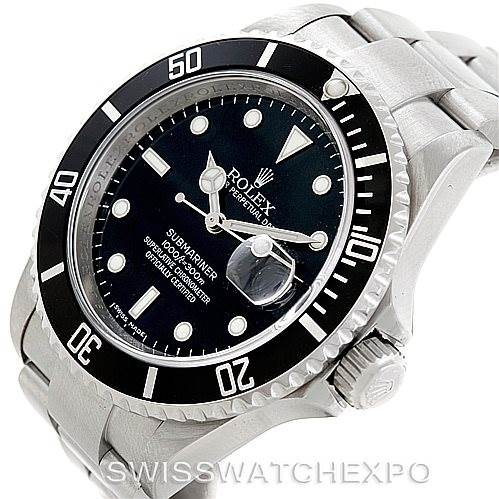 This is a frontal angled shot of the Rolex Submariner 16610 Men
s Stainless Steel Black Dial 16610 Men
s Stainless Steel Black Dial watch, showing the dial, bezel, crown, and part of the bracelet.