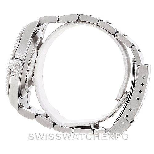 This image shows a side profile of the Rolex Submariner 16610 Men
s Stainless Steel Black Dial 16610 Men
s Stainless Steel Black Dial, highlighting the case, bezel, crown, and partially the bracelet.