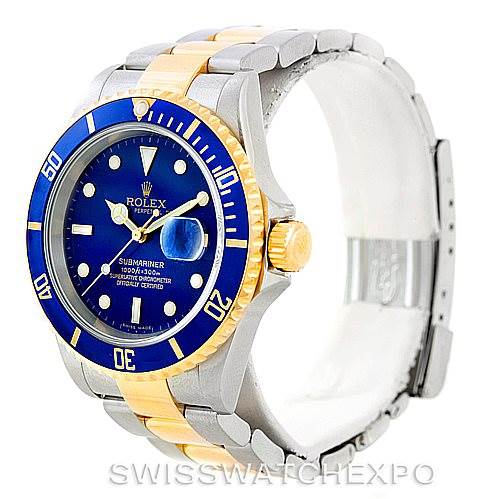 This image shows a side angle of the Rolex Submariner 16613 Men
s Steel and Gold (two tone) Blue Dial 16613 Men
s Steel and Gold (two tone) Blue Dial watch, highlighting its blue dial, bezel, and two-tone bracelet.