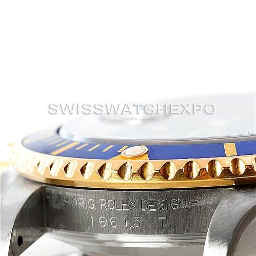 The image shows a side view of a Rolex Submariner 16613 Men
s Steel and Gold (two tone) Blue Dial 16613 Men
s Steel and Gold (two tone) Blue Dial watch, highlighting the bezel, case, and reference number "16613" engraved on the side.