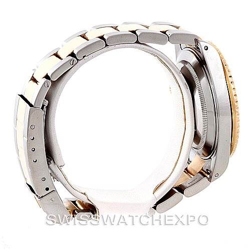 The image shows a side profile view of the Rolex Submariner 16613 Men's Steel and Gold (two tone) Champagne Dial 16613 Men's Steel and Gold (two tone) Champagne Dial, highlighting the bracelet and watch case.