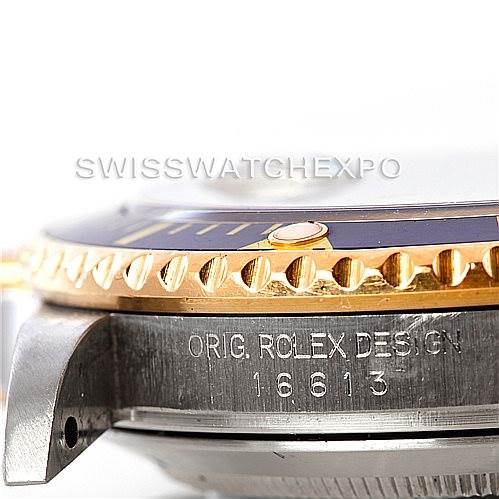 This image shows a close-up side view of the case and bezel of a Rolex Submariner 16613 Men's Steel and Gold (two tone) Champagne Dial 16613 Men's Steel and Gold (two tone) Champagne Dial, displaying the model number 16613.