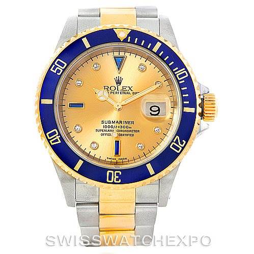This image shows a frontal view of a Rolex Submariner 16613 Men's Steel and Gold (two tone) Champagne Dial 16613 Men's Steel and Gold (two tone) Champagne Dial watch, highlighting its dial, bezel, and two-tone bracelet.