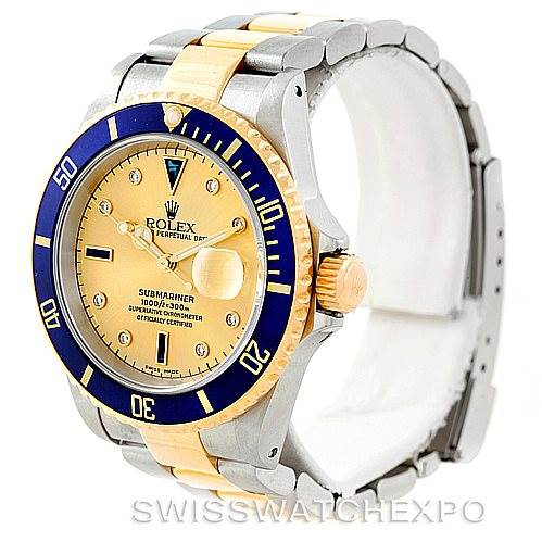 The image shows a Rolex Submariner 16613 Men's Steel and Gold (two tone) Champagne Dial 16613 Men's Steel and Gold (two tone) Champagne Dial watch from an angled front view, highlighting the watch face, bezel, crown, and part of the bracelet.