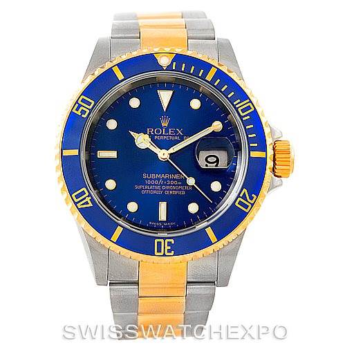 This image shows a Rolex Submariner 16613 Men's Steel and Gold (two tone) Blue Dial 16613 Men's Steel and Gold (two tone) Blue Dial watch from the front, highlighting the blue dial, blue and yellow bezel, and two-tone metal bracelet.
