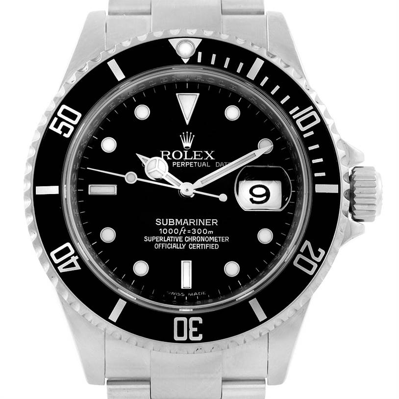 The image shows a front view of a Rolex Submariner 16610 Men
s Stainless Steel Black Dial 16610 Men
s Stainless Steel Black Dial watch, highlighting its bezel, dial, hands, and date window.