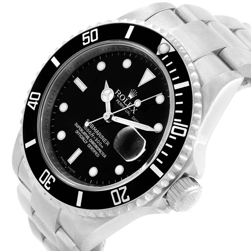 The image shows a Rolex Submariner 16610 Men
s Stainless Steel Black Dial 16610 Men
s Stainless Steel Black Dial watch at a slightly tilted angle, highlighting the face, bezel, and bracelet.