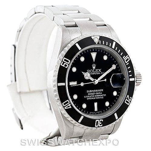 The image shows a side and front view of a Rolex Submariner 16610 Men
s Stainless Steel Black Dial 16610 Men
s Stainless Steel Black Dial watch, highlighting the dial, bezel, and part of the bracelet.