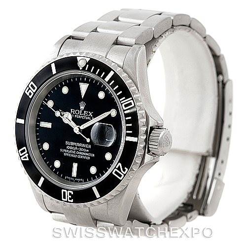 The image shows a Rolex Submariner 16610 Men
s Stainless Steel Black Dial 16610 Men
s Stainless Steel Black Dial watch at a slight angle, displaying the face, bezel, crown, and bracelet.
