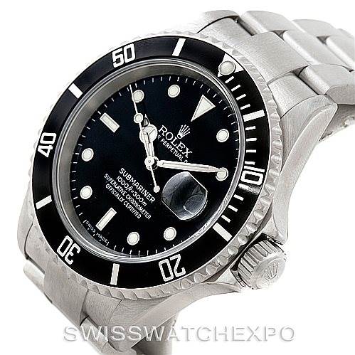 This image shows a Rolex Submariner 16610 Men
s Stainless Steel Black Dial 16610 Men
s Stainless Steel Black Dial watch at an angled side view, highlighting the dial, bezel, crown, and partial bracelet.