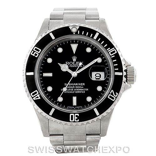 This image shows a frontal view of a Rolex Submariner 16610 Men
s Stainless Steel Black Dial 16610 Men
s Stainless Steel Black Dial watch, highlighting the bezel, dial, hands, date window, and bracelet.