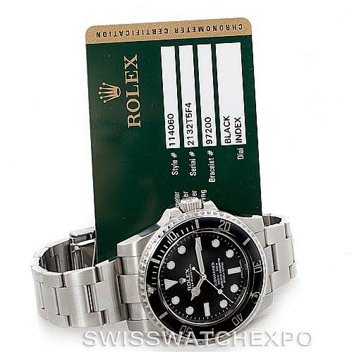 The image shows a Rolex Submariner 114060 Men
s Stainless Steel Black Dial 114060 Men
s Stainless Steel Black Dial watch face and bracelet at an angle, with its Best Quality
ation card displayed behind.