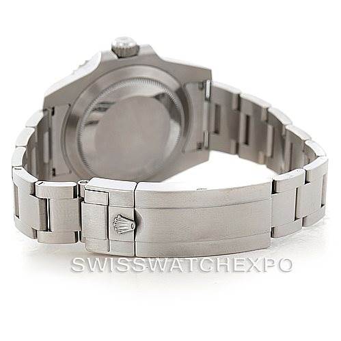 The image shows the back view of a Rolex Submariner 114060 Men
s Stainless Steel Black Dial 114060 Men
s Stainless Steel Black Dial watch, highlighting the case back and bracelet with a closed clasp.