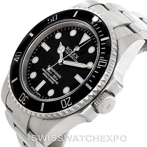 This image shows the Rolex Submariner 114060 Men
s Stainless Steel Black Dial 114060 Men
s Stainless Steel Black Dial watch at an angle highlighting its face, bezel, crown, and part of the bracelet.