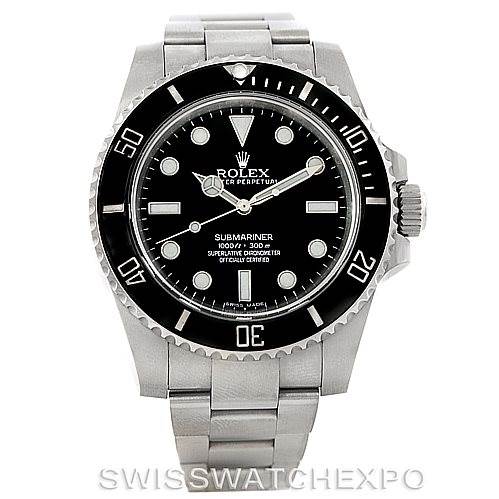 The Rolex Submariner 114060 Men
s Stainless Steel Black Dial 114060 Men
s Stainless Steel Black Dial watch is shown from the front angle displaying its black dial, bezel, and stainless steel bracelet.