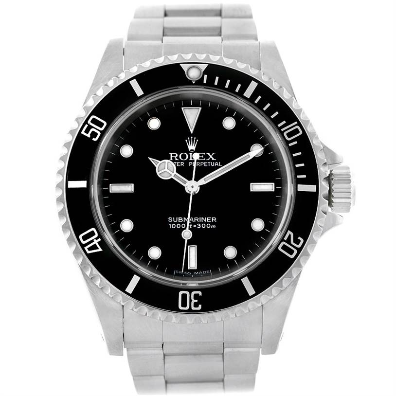 The image shows a frontal view of a Rolex Submariner 14060 Men
s Stainless Steel Black Dial 14060 Men
s Stainless Steel Black Dial watch, highlighting its black dial, bezel, and stainless steel bracelet.
