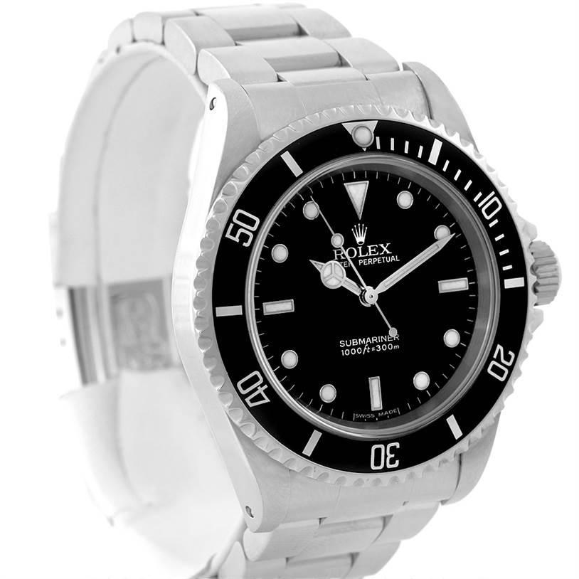 The image shows a Rolex Submariner 14060 Men
s Stainless Steel Black Dial 14060 Men
s Stainless Steel Black Dial watch at an angle highlighting the face, bezel, and part of the bracelet.