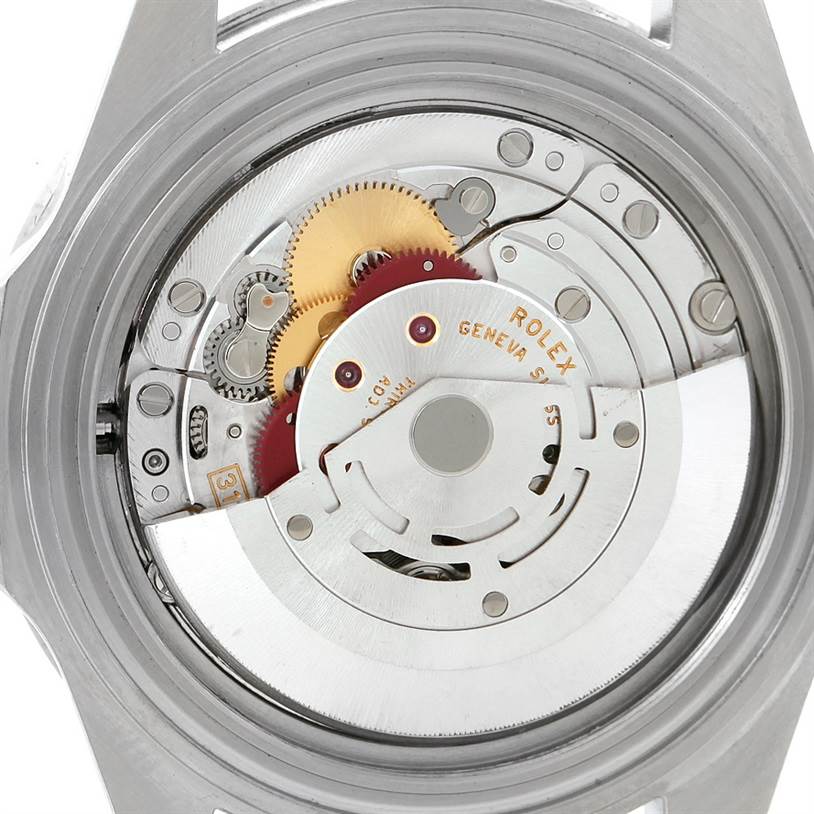 This image shows the internal mechanism of a Rolex Submariner 14060 Men
s Stainless Steel Black Dial 14060 Men
s Stainless Steel Black Dial watch from a rear view angle.