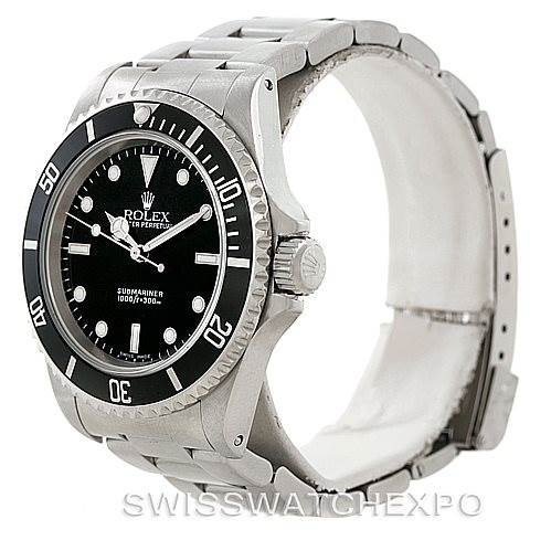 The image shows a side angle of a Rolex Submariner 14060 Men
s Stainless Steel Black Dial 14060 Men
s Stainless Steel Black Dial watch, highlighting the watch face, bezel, crown, and bracelet.
