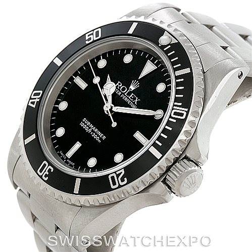 The image shows a Rolex Submariner 14060 Men
s Stainless Steel Black Dial 14060 Men
s Stainless Steel Black Dial watch from an angle highlighting the face, bezel, crown, and part of the bracelet.