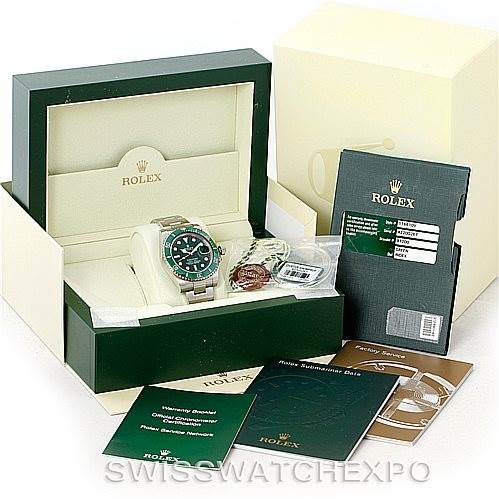 The image shows a Rolex Submariner 116610LV Men's Stainless Steel Green Dial 116610LV Men's Stainless Steel Green Dial watch from an angled top-front view, along with its box, manuals, tag, and warranty card.