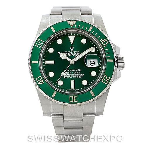 The image shows a front view of a Rolex Submariner 116610LV Men's Stainless Steel Green Dial 116610LV Men's Stainless Steel Green Dial with a green bezel and dial, stainless steel case, and bracelet.