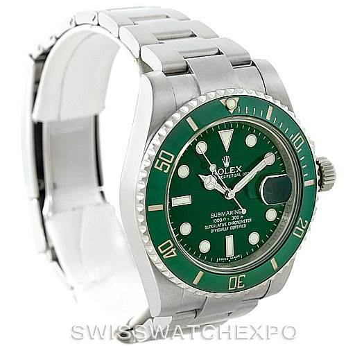 The image shows a Rolex Submariner 116610LV Men's Stainless Steel Green Dial 116610LV Men's Stainless Steel Green Dial watch from a front-side angle, highlighting its green bezel, dial, and stainless steel bracelet.