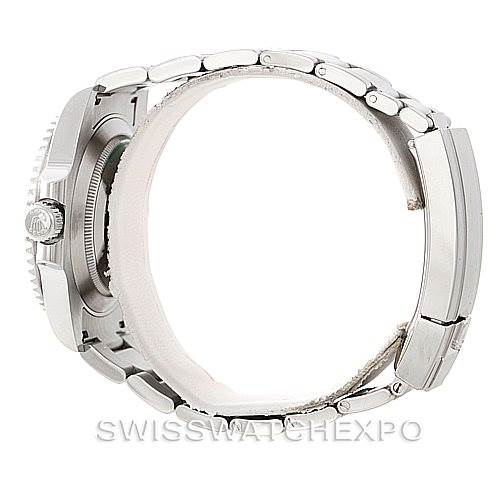 This image shows a side view of the Rolex Submariner 116610LV Men's Stainless Steel Green Dial 116610LV Men's Stainless Steel Green Dial watch, focusing on the case, bracelet, and crown.