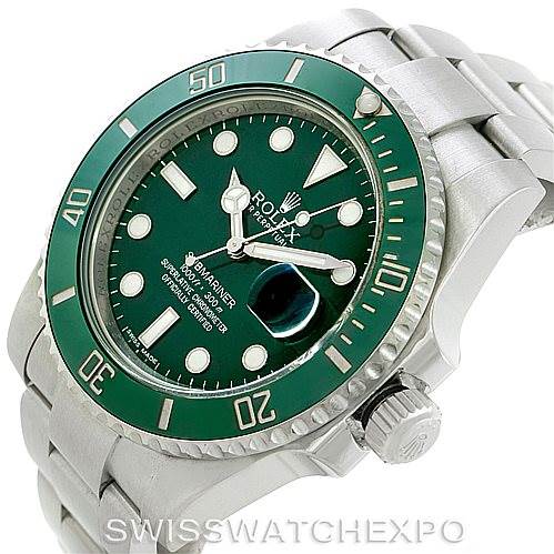 This image shows a Rolex Submariner 116610LV Men's Stainless Steel Green Dial 116610LV Men's Stainless Steel Green Dial watch angled to display the green dial, bezel, and part of the stainless steel strap.