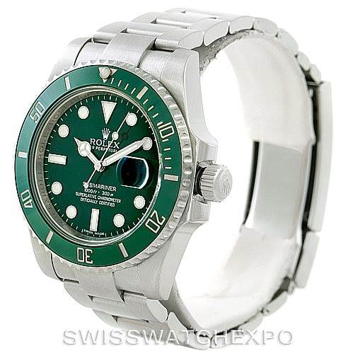 This image shows a Rolex Submariner 116610LV Men's Stainless Steel Green Dial 116610LV Men's Stainless Steel Green Dial watch at an angle, highlighting the green bezel, dial, bracelet, and crown.