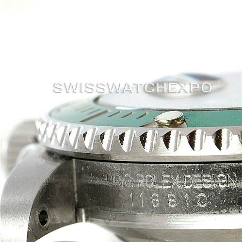 This close-up of a Rolex Submariner 116610LV Men's Stainless Steel Green Dial 116610LV Men's Stainless Steel Green Dial watch features the side of the case, detailing the bezel edge and the engraved model number 116610.
