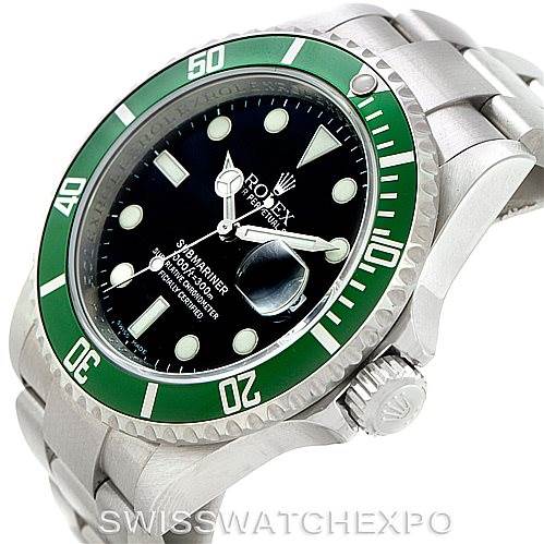 This image shows a Rolex Submariner 16610V Men
s Stainless Steel Black Dial 16610V Men
s Stainless Steel Black Dial watch from an angled view that highlights the green bezel, black dial, bracelet, and crown.