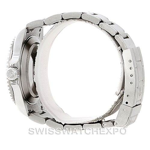 This image shows a side view of the Rolex Submariner 16610V Men
s Stainless Steel Black Dial 16610V Men
s Stainless Steel Black Dial, highlighting the watch
s case, crown, and metal bracelet.