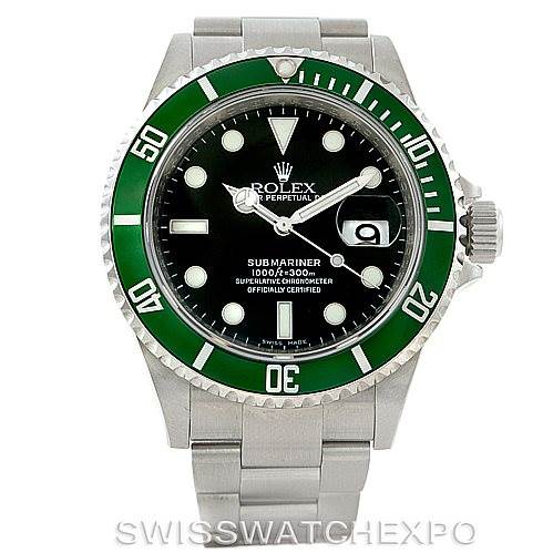 This image shows a front view of the Rolex Submariner 16610V Men
s Stainless Steel Black Dial 16610V Men
s Stainless Steel Black Dial watch, highlighting its green bezel, black dial, and metal bracelet.