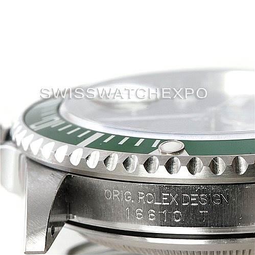 The image shows a close-up side view of the bezel and case, with the model number "16610-T" of the Rolex Submariner 16610V Men
s Stainless Steel Black Dial 16610V Men
s Stainless Steel Black Dial.