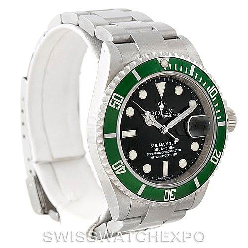 The image shows a Rolex Submariner 16610V Men
s Stainless Steel Black Dial 16610V Men
s Stainless Steel Black Dial watch at a three-quarter angle, highlighting the bezel, dial, crown, and stainless steel bracelet.