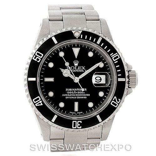 The image shows a front view of a Rolex Submariner 16610 Men
s Stainless Steel Black Dial 16610 Men
s Stainless Steel Black Dial watch, highlighting its face, bezel, and bracelet.
