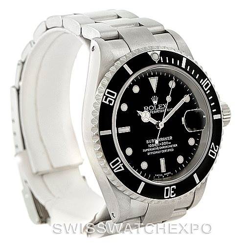 This image shows a Rolex Submariner 16610 Men
s Stainless Steel Black Dial 16610 Men
s Stainless Steel Black Dial watch at an angle highlighting its bezel, dial, bracelet, and side view of the case.