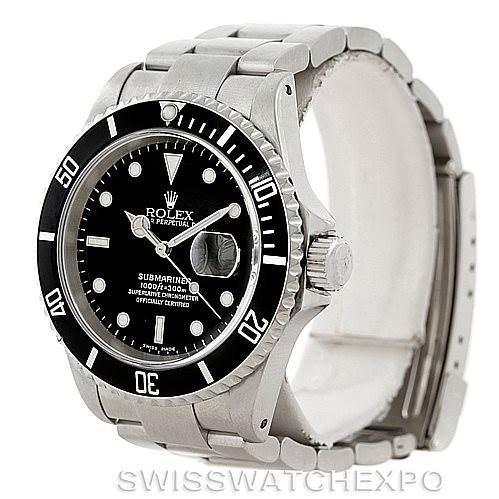 The Rolex Submariner 16610 Men
s Stainless Steel Black Dial 16610 Men
s Stainless Steel Black Dial watch is shown from a 3/4 angle, displaying the dial, bezel, crown, and a portion of the bracelet.